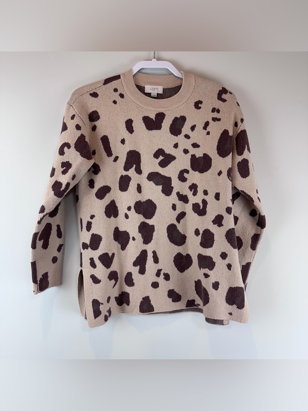 Loft Outlet Brown Tan Animal Print Long Sleeve Crewneck Sweater Top Size Small
